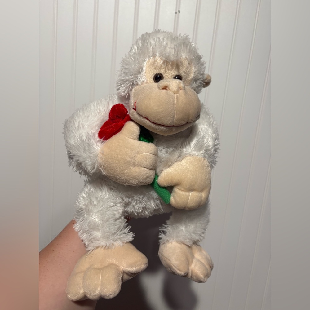 White Plush Monkey with Red Rose 13”